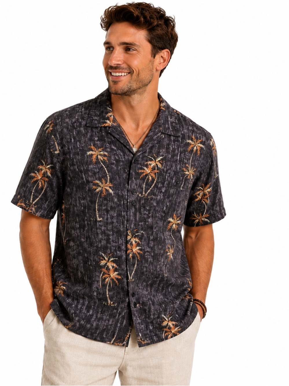 Weekender 70% Silk Palm Tree Camp Shirt Men’s L Tropical Hawaiian Resort